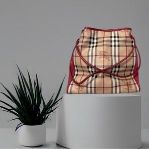 Burberry Beige Check Shoulder Bag with Red Trim and Straps